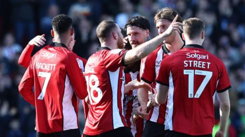 Lincoln players celebrate a goal against Rotherham