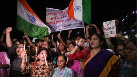 Students, citizens, junior doctors, postgraduate trainee doctors, doctors, house staff, interns, and other medical professionals are holding placards and shouting slogans in a protest march named 'The Night is also ours' on the 78th Independence Day against the rape and murder of a PGT woman doctor at Government-run R G Kar Medical College & Hospital, in Kolkata, India, on August 15, 2024.