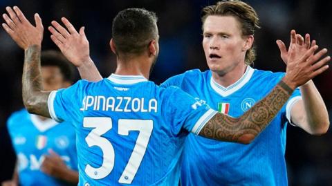 Napoli's Scott McTominay celebrates scoring their second goal with Leonardo Spinazzola