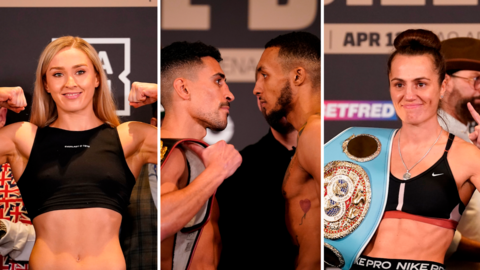 Split image of Rhiannon Dixon flexing her muscles, Jordan Gill and Zelfa Barrett facing off and Ellie Scotney weighing in with her world title around her shoulder
