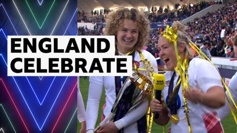 Marlie Packer & Ellie Kildunne celebrate while speaking to BBC Sport