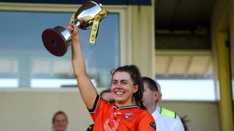 Clodagh McCambridge celebrates after skippering Armagh to this year's Ulster Ladies Football title