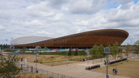 A view on the façadeof the Lee Valley VeloPark, located inside the Queen Elizabeth Olympic Park in London.