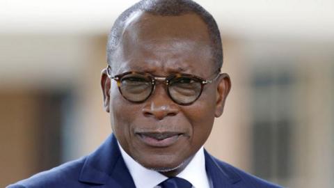 Beninese President Patrice Talon attends a joint press conference with his French counterpart at the Marina palace in Cotonou on July 27, 2022,