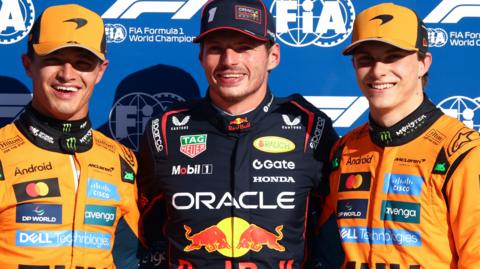 Red Bull's Max Verstappen and McLaren's Lando Norris and Oscar smile as they pose for pictures after the 2025 Italian Grand Prix