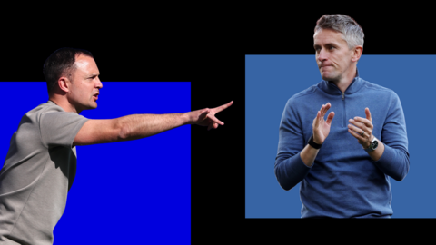 A side-by-side of Birmingham City's Chris Davies pointing and Ipswich Town's Kieran McKenna applauding