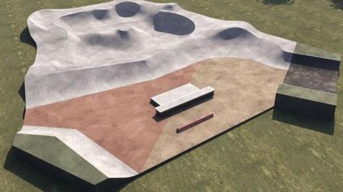 A 3D drawing of the new skatepark, which includes flowing curves, ramps and curbs