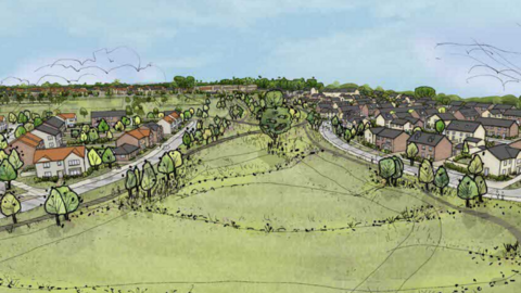 An artist's impression of how the new development could look near Beccles. There is a green open space filled with trees and either side of it are new homes.