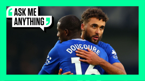 Dominic Calvert-Lewin and Abdoulaye Doucoure embrace during an Everton Premier League fixture.