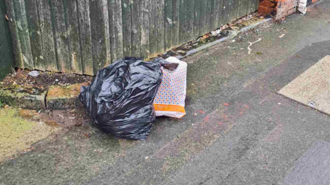 A black bin bag and a blue, white and orange carrier bag have been left on a pavement next to a fence.