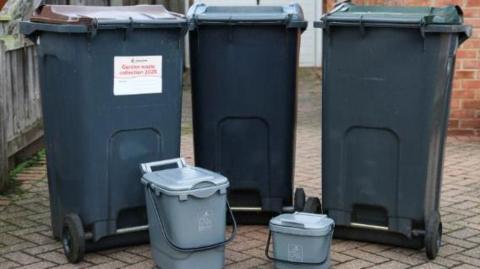 Two grey caddies with handles and lids in front of three household bins for garden waste, recycling and regular waste.