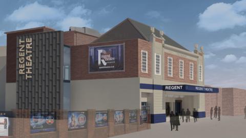 An artist impression of how the Ipswich Regent Theatre will look, with new signage and a new canopy