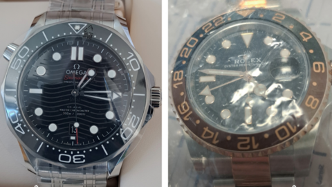 A silver Omega and silver Rolex watch pictured side by side in a composite image