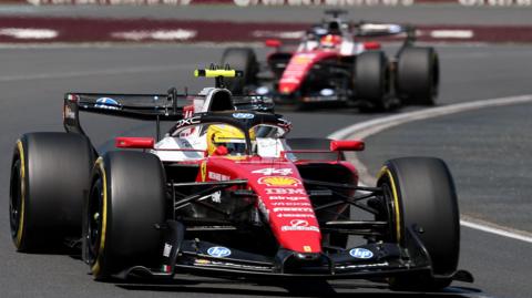 Ferrari's Lewis Hamilton with team-mate Charles Leclerc in the background during first practice for the Australian Grand Prix