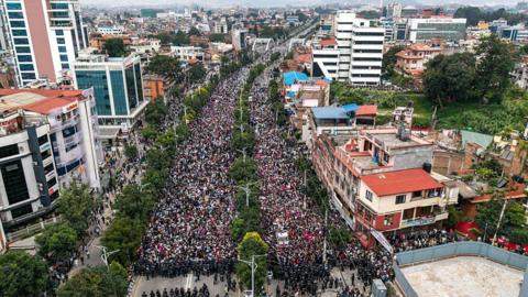Thousands of demonstrators on the streets of Kathmandu.