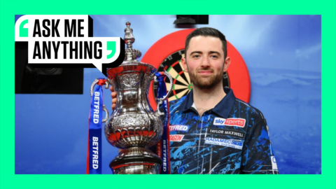 Luke Humphries holding the 2024 World Matchplay title with an Ask Me Anything border around him
