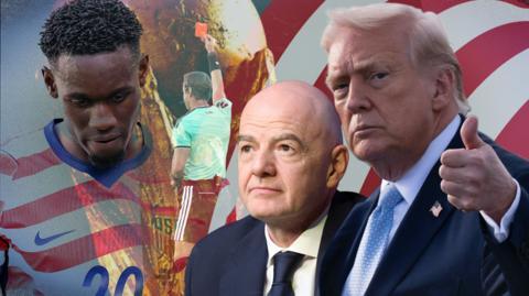 A composite image with the World Cup and US stripes in the background with Folarin Balogun with his head bowed after receiving a red card, the ref distributing the red card, Fifa president Gianni Infantino and US President Donald Trump with his thumb up. 
