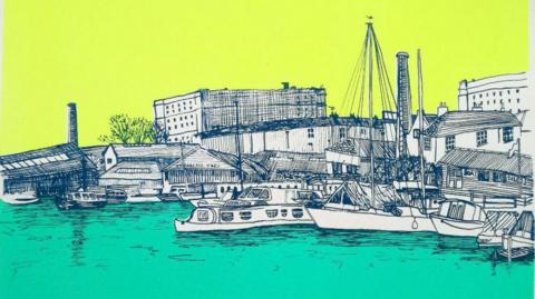 A biro sketch of Bristol harbour looking towards the Underfall Yard and Tobacco Factory. The mid section of the drawing is a black and white sketch, the water below is a turquoise colour, and the sky is a light lime green