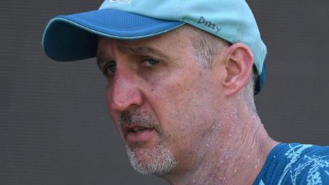 Pakistan coach Jason Gillespie looks on during Pakistan net practice at Multan Cricket Stadium in October 2024