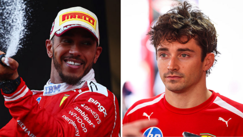 A split image of Lewis Hamilton spraying champagne and Charles Leclerc looking disappointed 