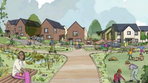An artist's impression of a row of houses behind a park which has people in it.