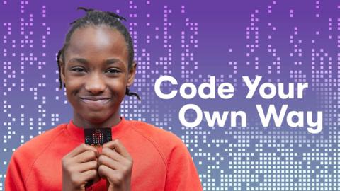 A primary school girl holds a micro:bit with a graphic design of code behind her and the words 'Code your own way'.