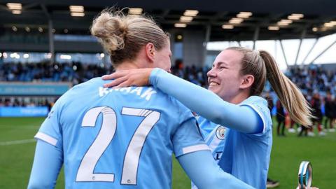 Rebecca Knaak and Lauren Hemp of Manchester City celebrate after the Barclays Women's Super League match between Manchester City and Liverpool 