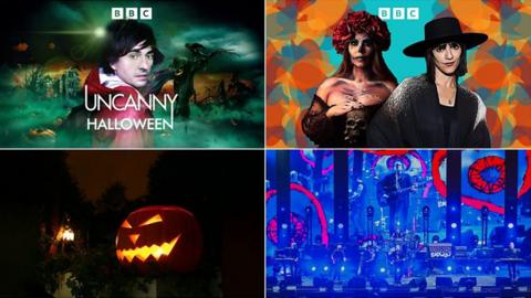 Various podcast branding alongside a picture of a carved pumpkin and The Cure performing live