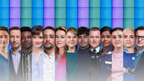 Thirteen separate thin photos of men and women, smartly dressed, in front of purple, blue and green backgrounds. They are all facing the camera, with some of them smiling. 