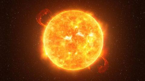 An illustration of Betelgeuse against starry sky. 