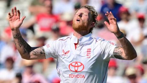 England bowler Ben Stokes reacts to a chance