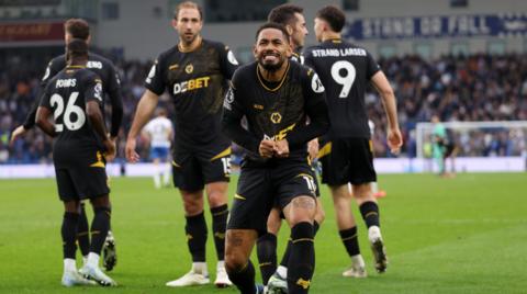 Wolves players celebrate scoring against Brighton