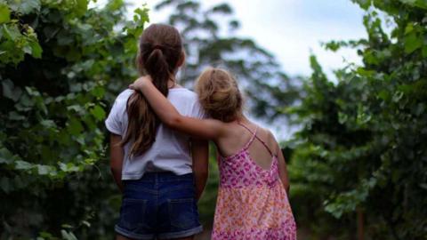 Two girls looking at trees