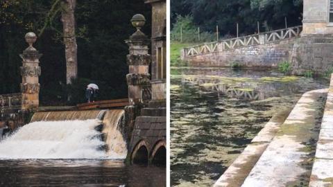 Composite image showing concrete steps into a lake. In the left image, white water is gushing into the lake, while on the right it is mostly dry with some green algae.