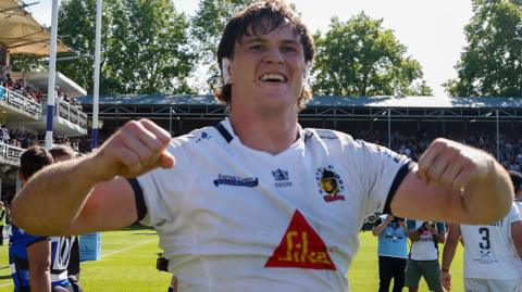 Tom Hooper celebrates Exeter's win at Bath