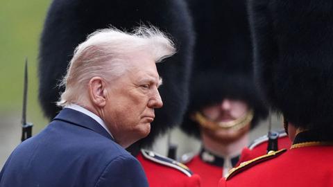 US President Donald Trump inspects a Guard of Honour during a Ceremonial Welcome in the Quadrangle at Windsor Castle, in Windsor, on September 17, 2025, during the US President's second State Visit. US President Donald Trump arrived in Britain for an unprecedented second State Visit, with the UK government rolling out a royal red carpet welcome.