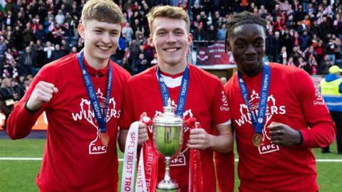 Airdrieonians' Murray Aiken, Josh O'Connor and Elliot Dunlop celebrate