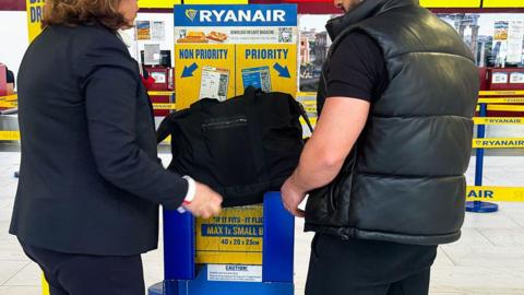 Ryanair bag sizer at Rome Ciampino Airport, April 2025