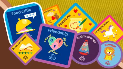 Some of the new Girlguiding badges, including: Food critic, kindness, passions, imagination, book reviewer, friendships, calm spaces and courage. 