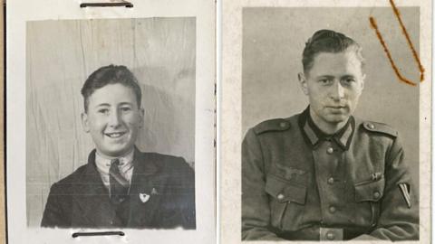 Black and white photos of a man on left in a suit and tie and a World War Two German soldier on the right.