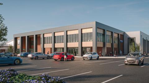 A computer generated image showing a two-storey building, with cladded columns and large glass windows on the first floor. Cars in parking bays can be seen in the foreground.