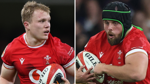 Blair Murray (left) & Nicky Smith each with ball in hand playing for Wales