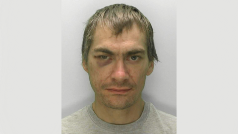 A police mugshot of Anthony Reed-Metcalfe. He is wearing a grey T-shirt and standing against a grey background. He has brown hair that is swept forwards, bushy eyebrows and a bruise around his right eye. He is looking at the camera.