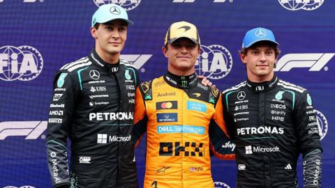 George Russell, Lando Norris and Kimi Antonelli