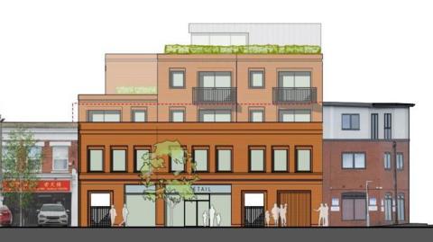 An artist's impression of what the planned flats would look like including a glass windowed shop at the ground floor, and four floors above it, some set back from the ground floor. 