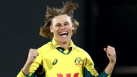 Australia's Cooper Connolly celebrates after taking his fifth wicket in the third ODI against South Africa