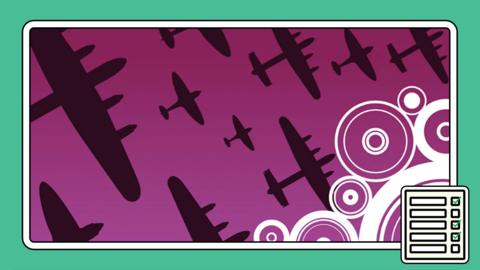 Bold graphical design of airships in a purple sky representing the Blitz in World War Two.