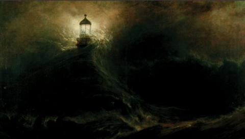 An oil colour painting showing a raging sea around a lighthouse, with waves reaching the lantern section at the top