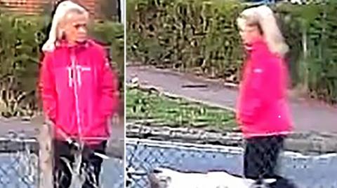 Anita Rose pictured on CCTV walking her dog and wearing a bright pink jacket with her blonde hair tied up 