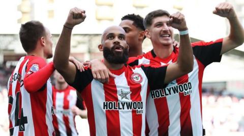 Bryan Mbeumo celebrates scoring for Brentford in the Bees' Premier League victory over Wolverhampton Wanderers